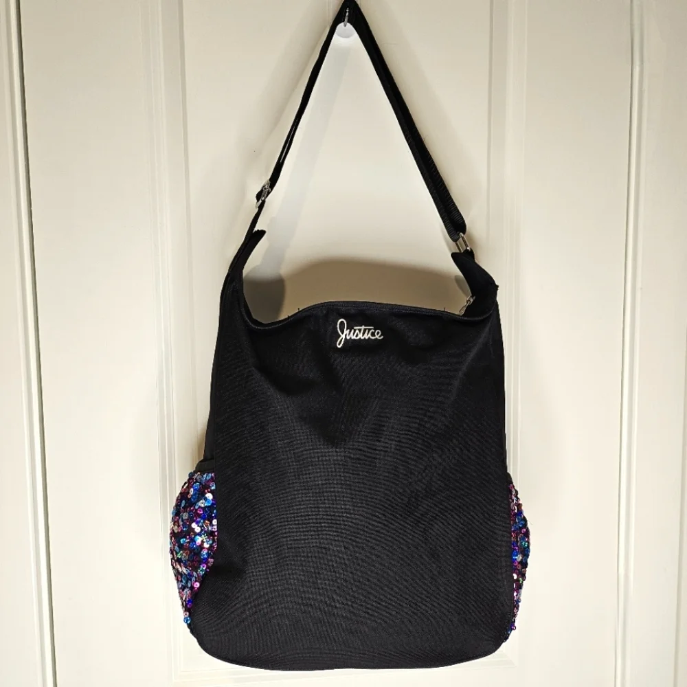 Justice Girls Black Messenger Bag Purple Silver Sequin Initial “R” Crossbody - Picture 6 of 16
